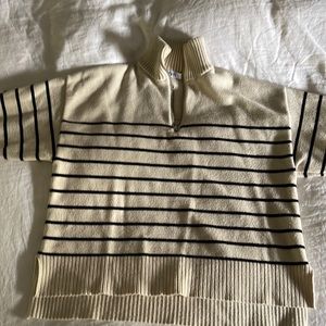 Zara half zip striped sweater. Cream with thin navy stripes